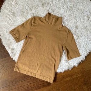 WOLFORD Satin Natural Mock Neck Short Sleeve Top Shirt Camel Color XS